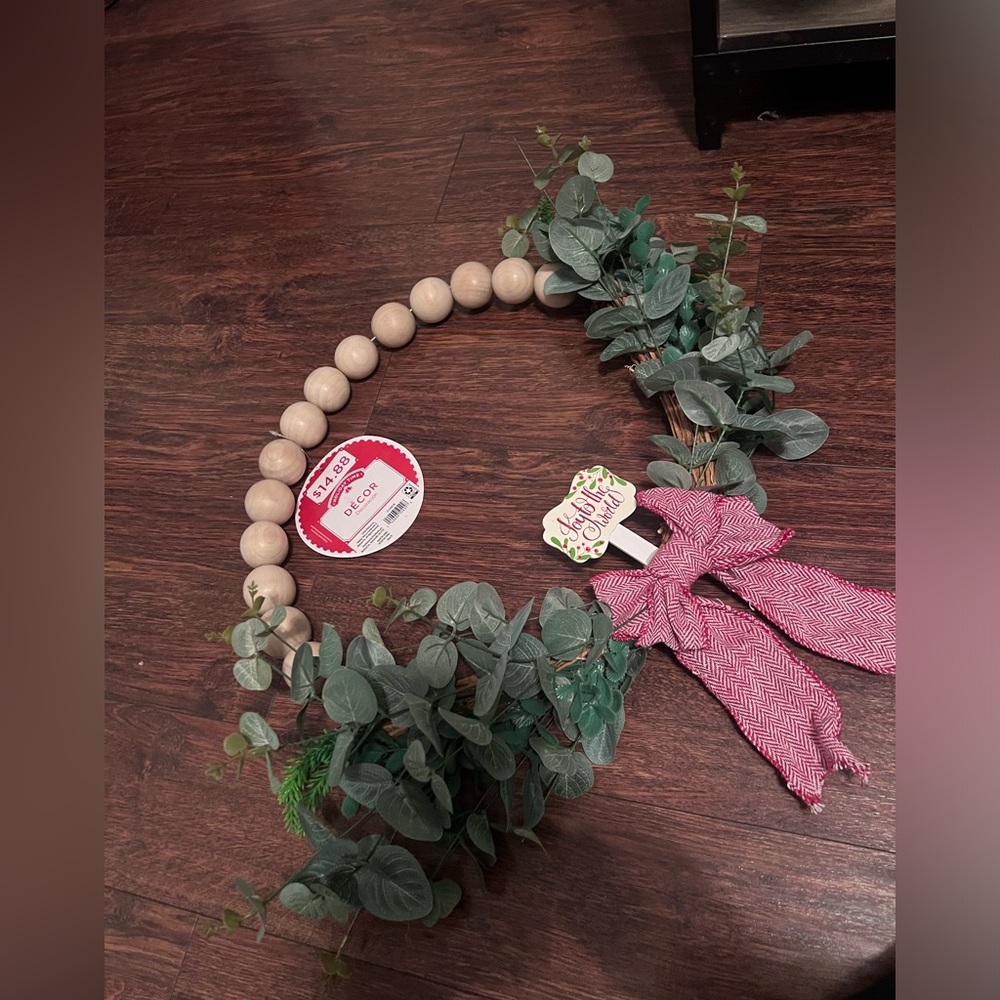 Holiday time Christmas wood beaded wreath